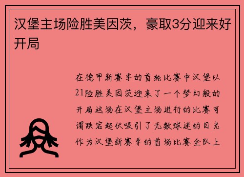 汉堡主场险胜美因茨，豪取3分迎来好开局